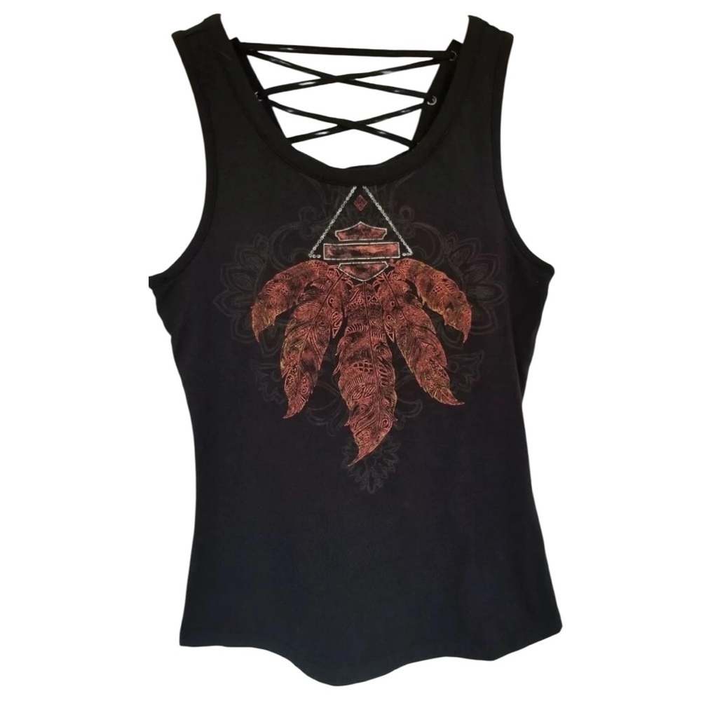 Harley Davidson Orange Feathers Bar & Shield Graphic Shelf Bra Laced Up Back Top - Picture 10 of 10
